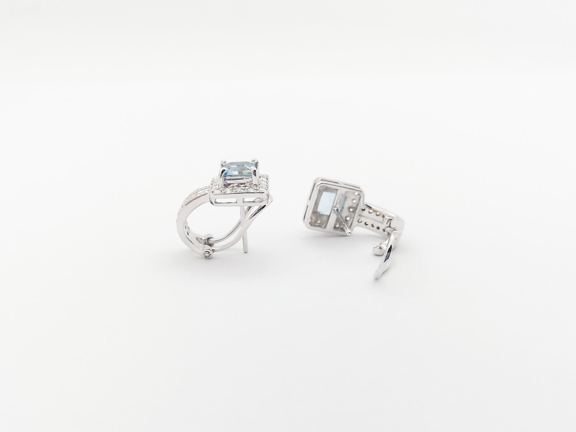 Aquamarine with Diamond Earrings set in 18K White Gold Settings For Sale 2