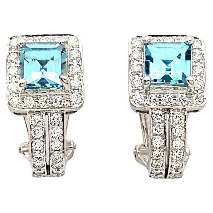 Aquamarine with Diamond Earrings set in 18K White Gold Settings For Sale