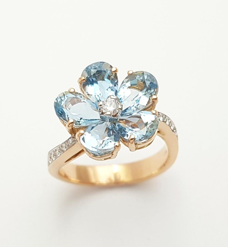Bague Aigue-marine Poire En Or Rose 18 Carats Avec Diamants Naturels - Taille 52