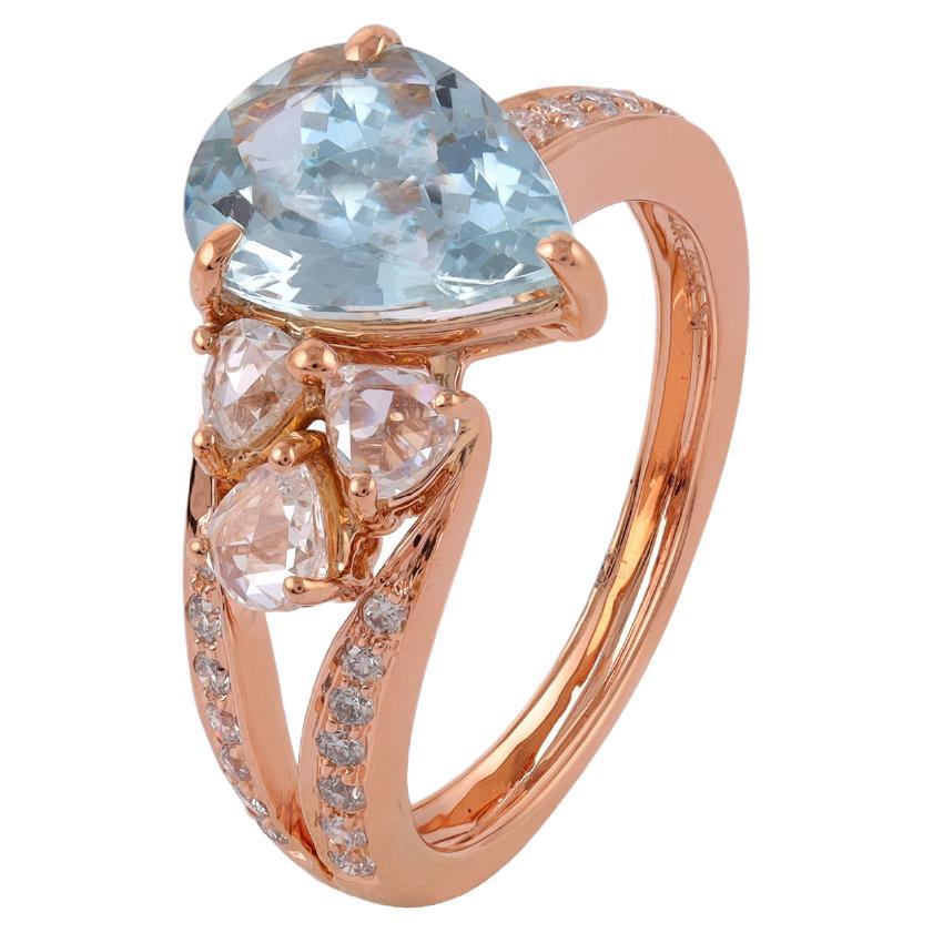 Aquamarine with Diamond Three Stone Ring in 18k Rose Gold For Sale