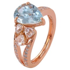 Aquamarine with Diamond Three Stone Ring in 18k Rose Gold