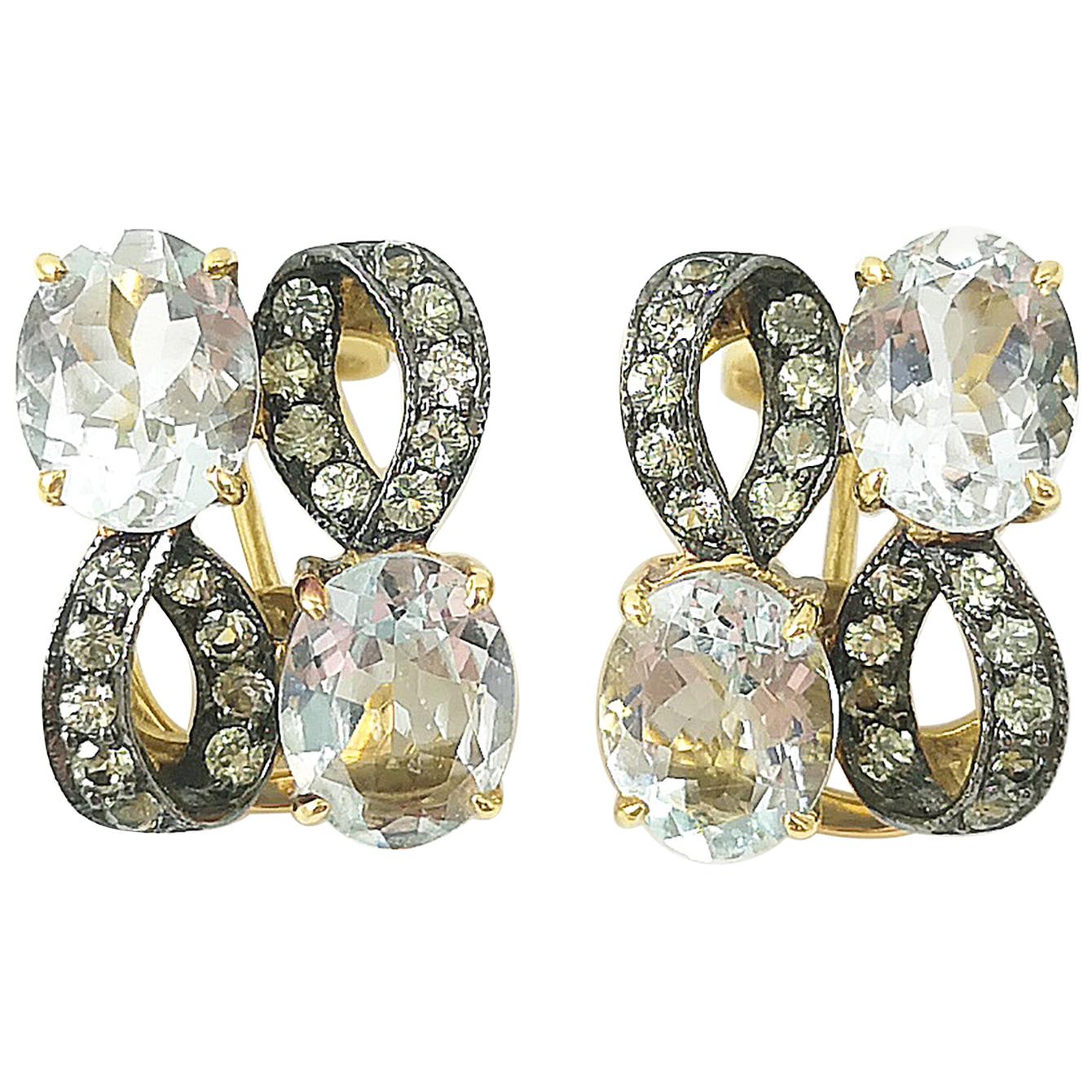Aquamarine with Green Sapphire Earrings Set in 18 Karat Gold Settings For Sale