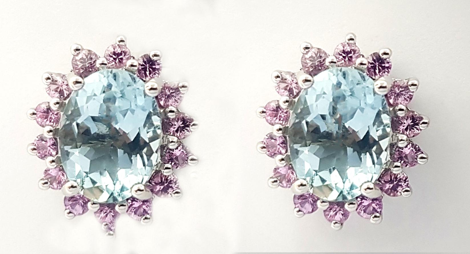 Contemporary Aquamarine with Pink Sapphire Earrings set in 14K White Gold Settings For Sale