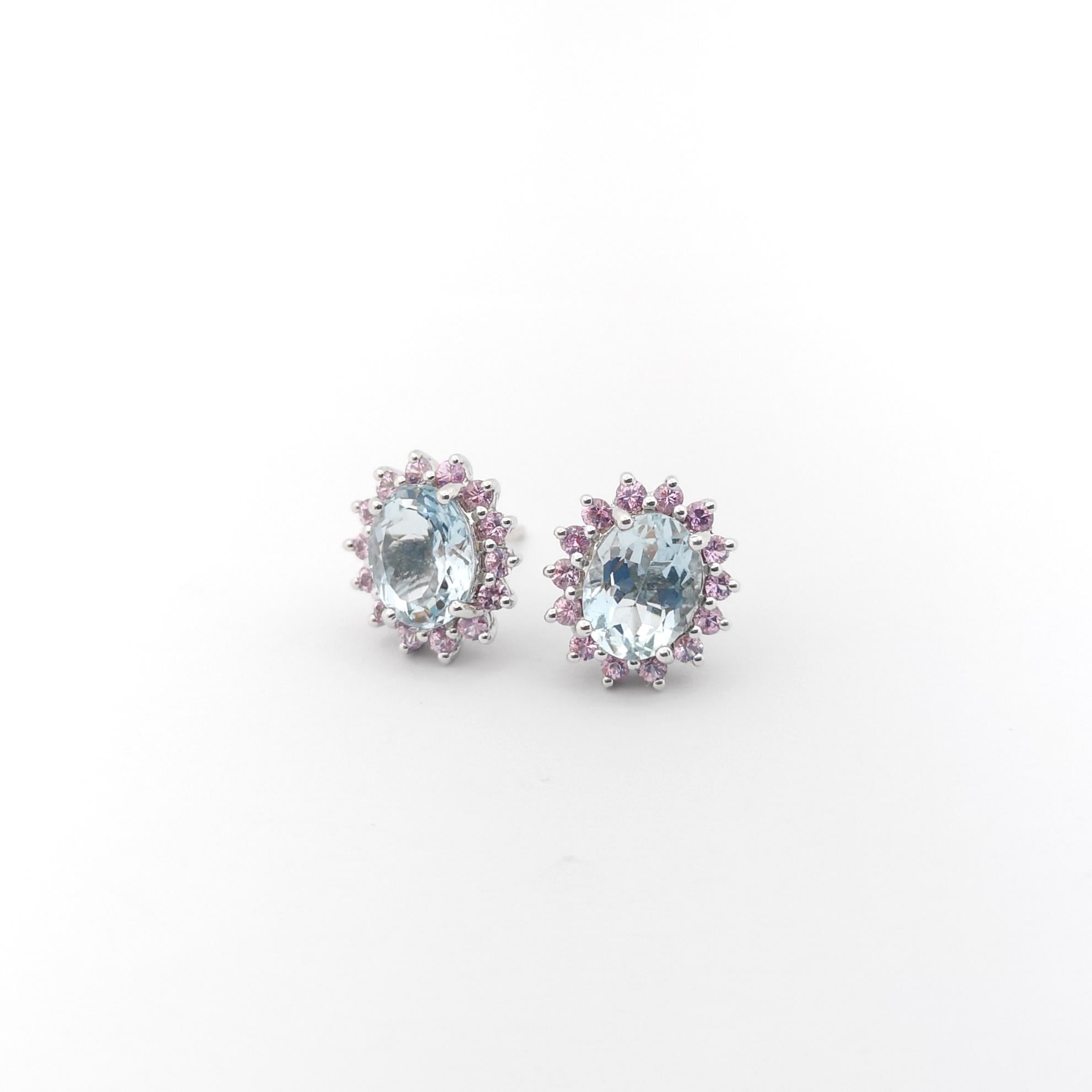 Women's Aquamarine with Pink Sapphire Earrings set in 14K White Gold Settings For Sale