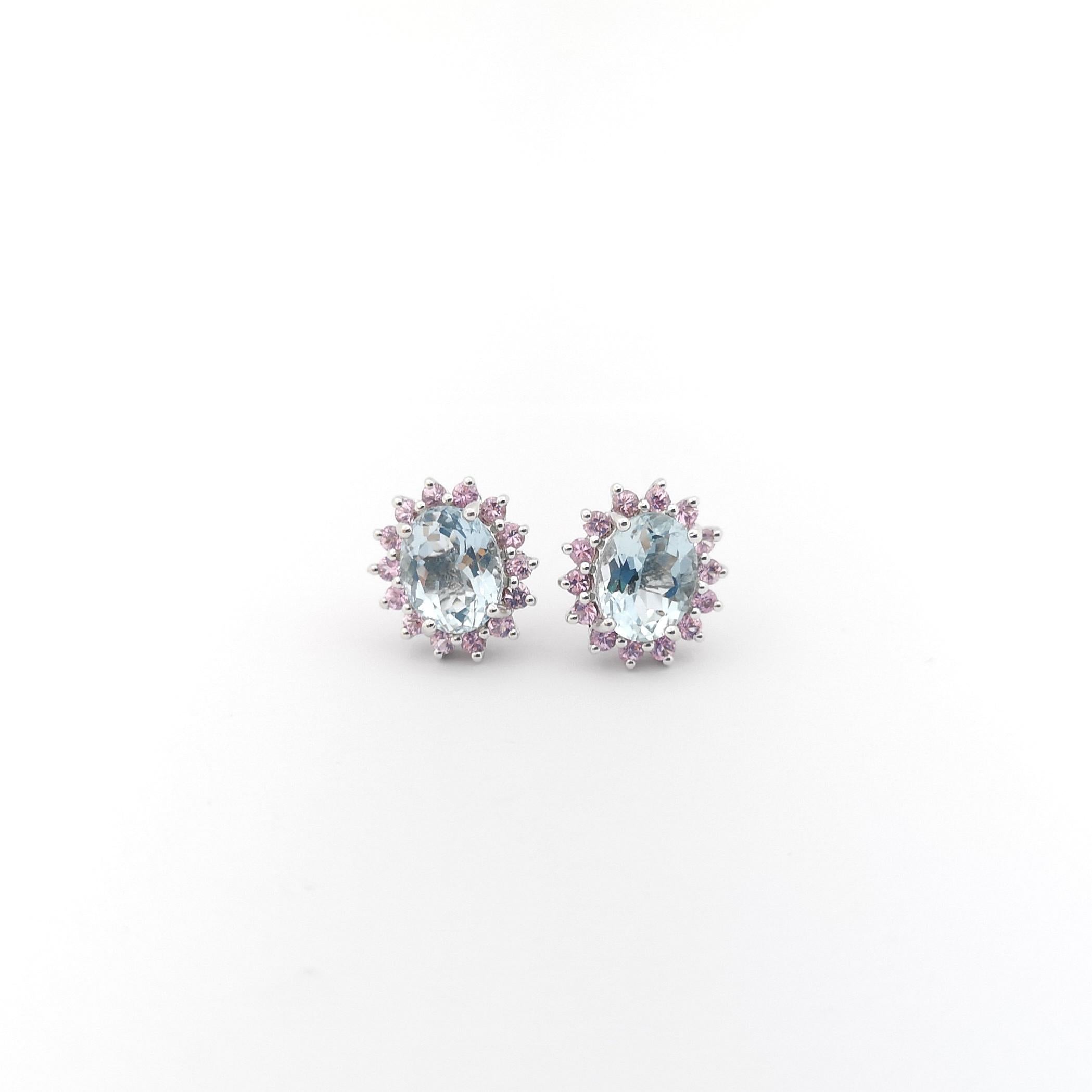 Aquamarine with Pink Sapphire Earrings set in 14K White Gold Settings For Sale 1