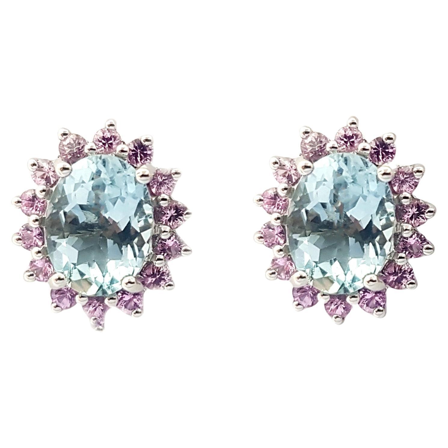 Aquamarine with Pink Sapphire Earrings set in 14K White Gold Settings For Sale