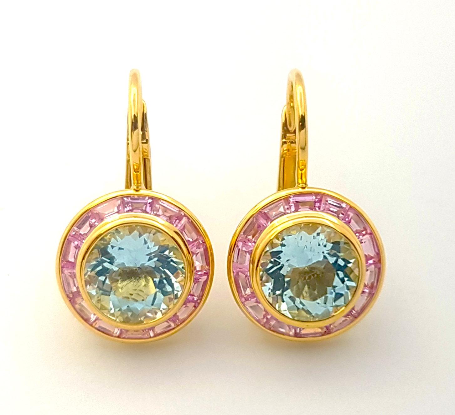 Aquamarine 3.63 carats with Pink Sapphire 1.30 carats Earrings set in 18K Gold Settings

Width: 1.2 cm 
Length: 2.1 cm
Total Weight: 6.39 grams

