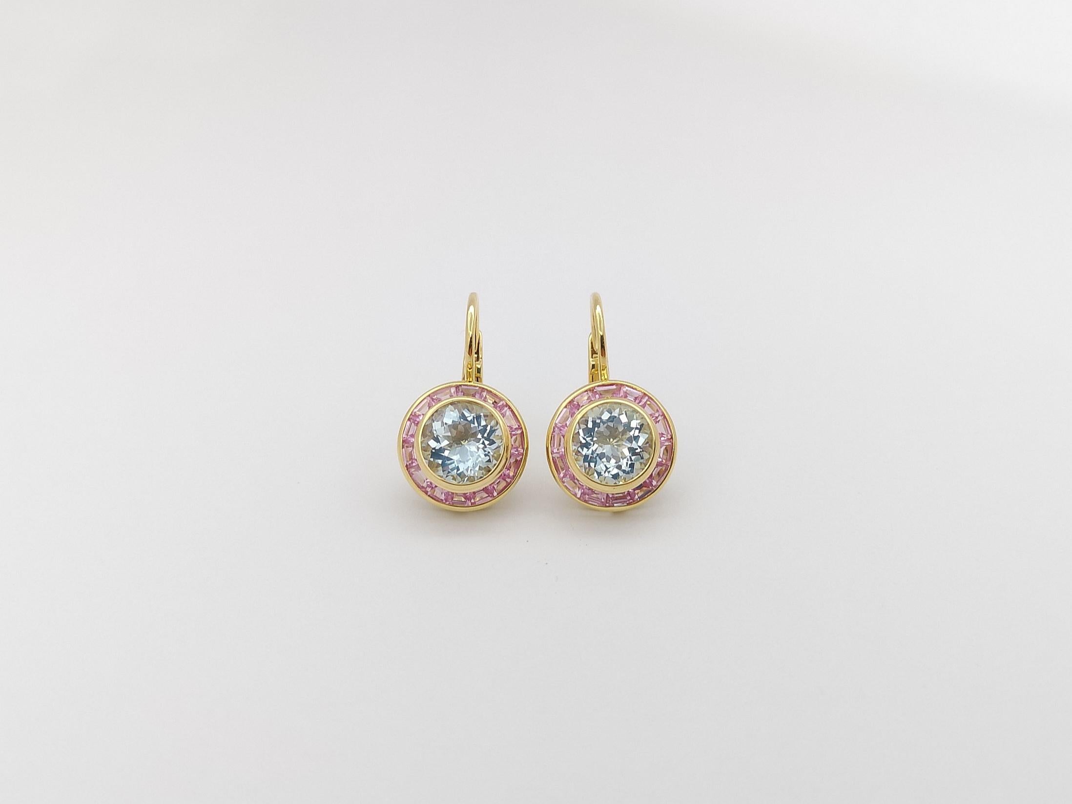 Round Cut Aquamarine with Pink Sapphire Earrings set in 18K Gold Settings For Sale