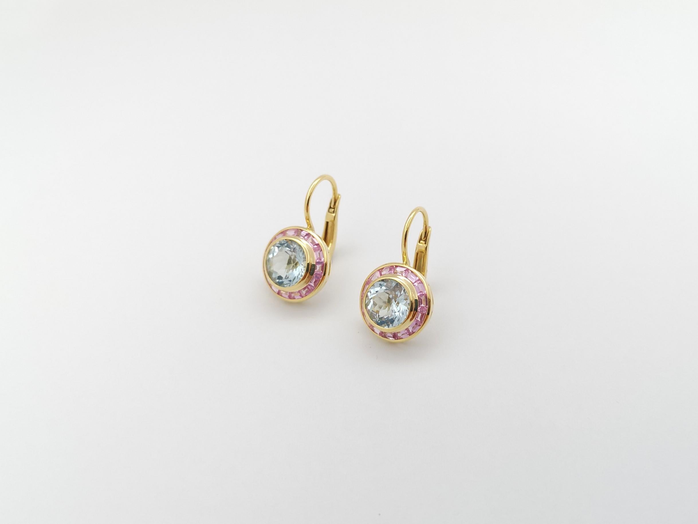 Women's Aquamarine with Pink Sapphire Earrings set in 18K Gold Settings For Sale