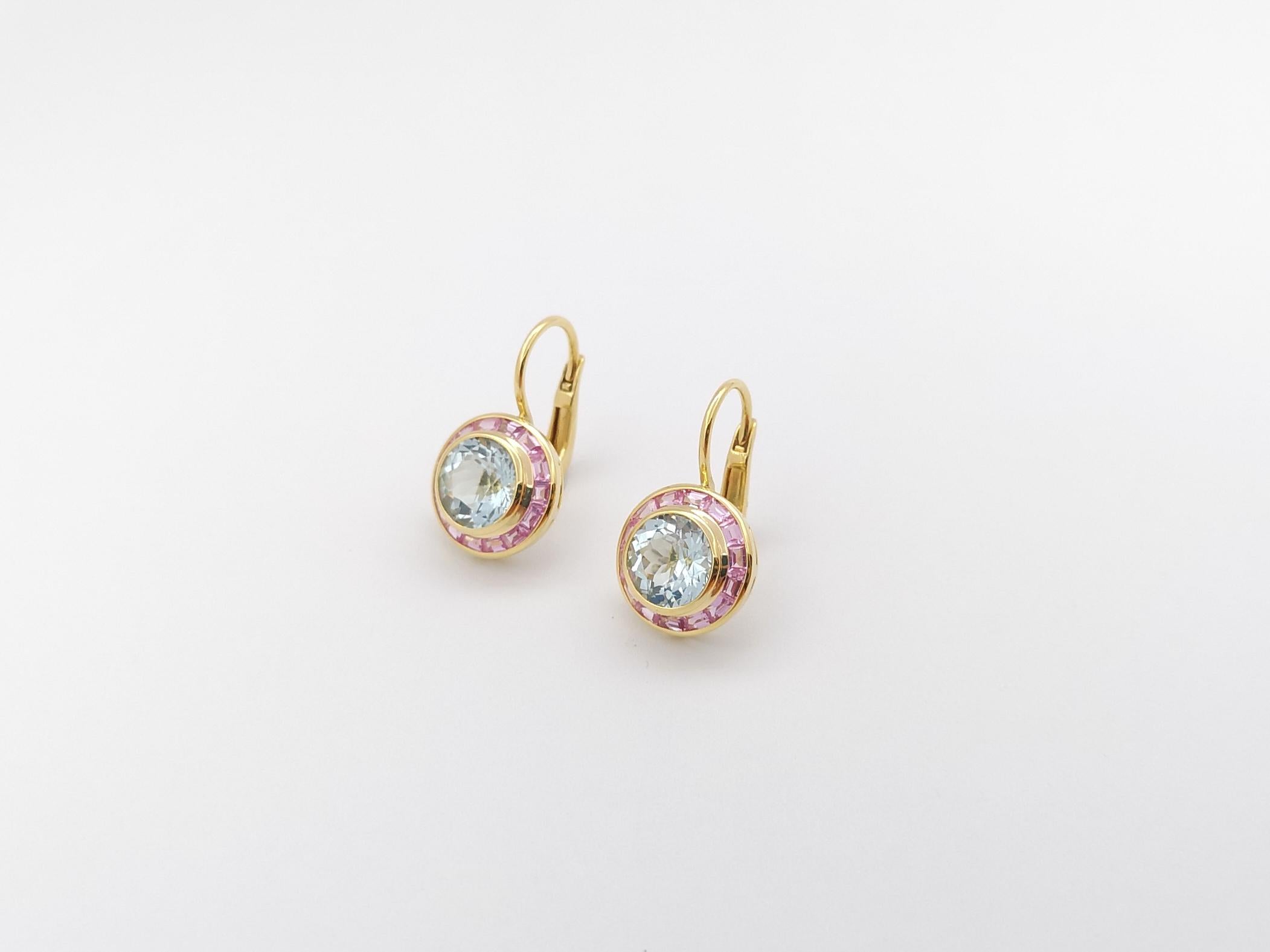Aquamarine with Pink Sapphire Earrings set in 18K Gold Settings For Sale 2