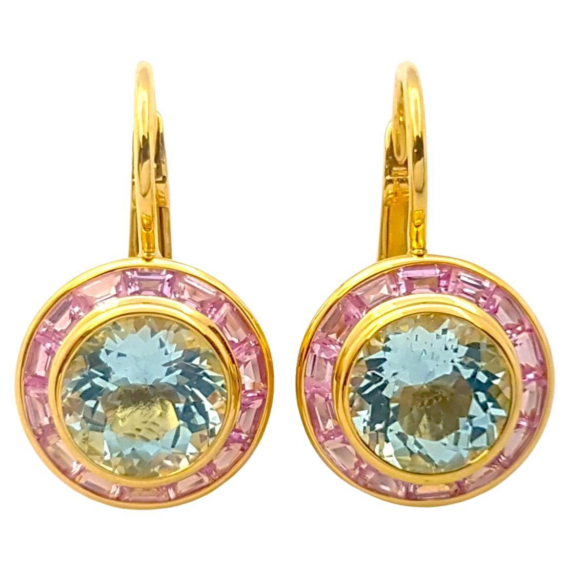 Aquamarin- und rosa Saphir-Ohrringe in 18 Karat Goldfassungen gefasst