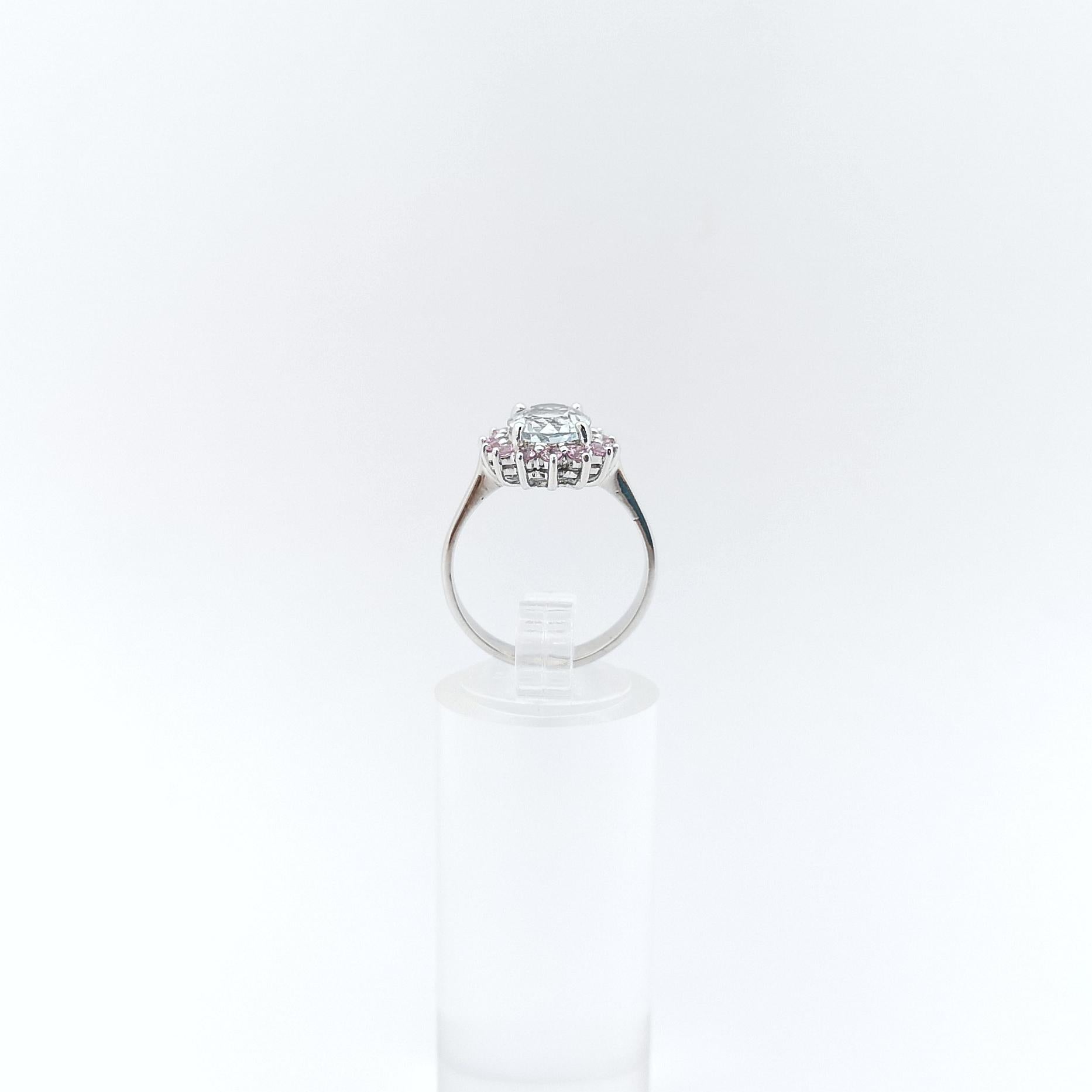 Aquamarine with Pink Sapphire Ring set in 14K White Gold Settings For Sale 4