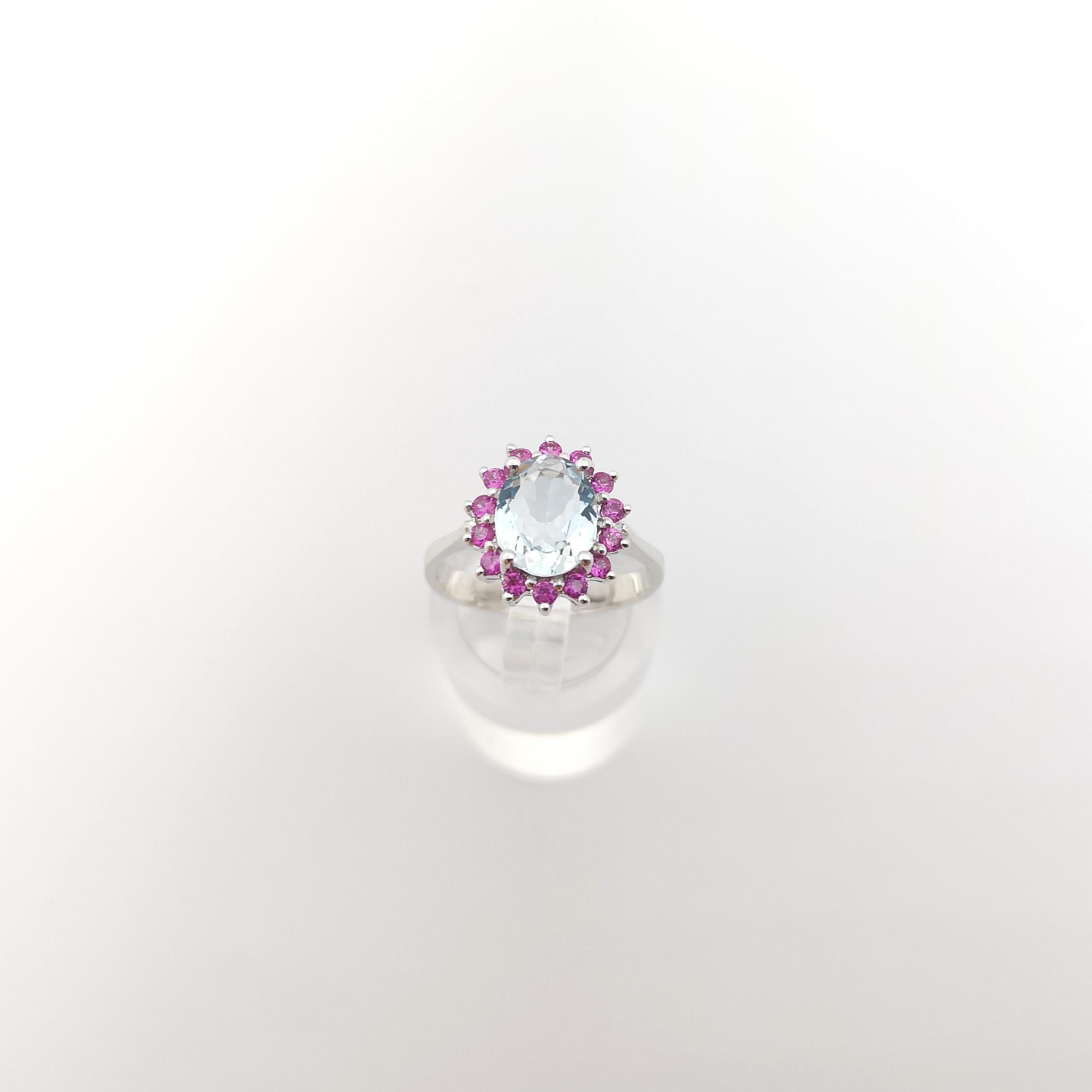 Aquamarine with Pink Sapphire Ring set in 14K White Gold Settings For Sale 5