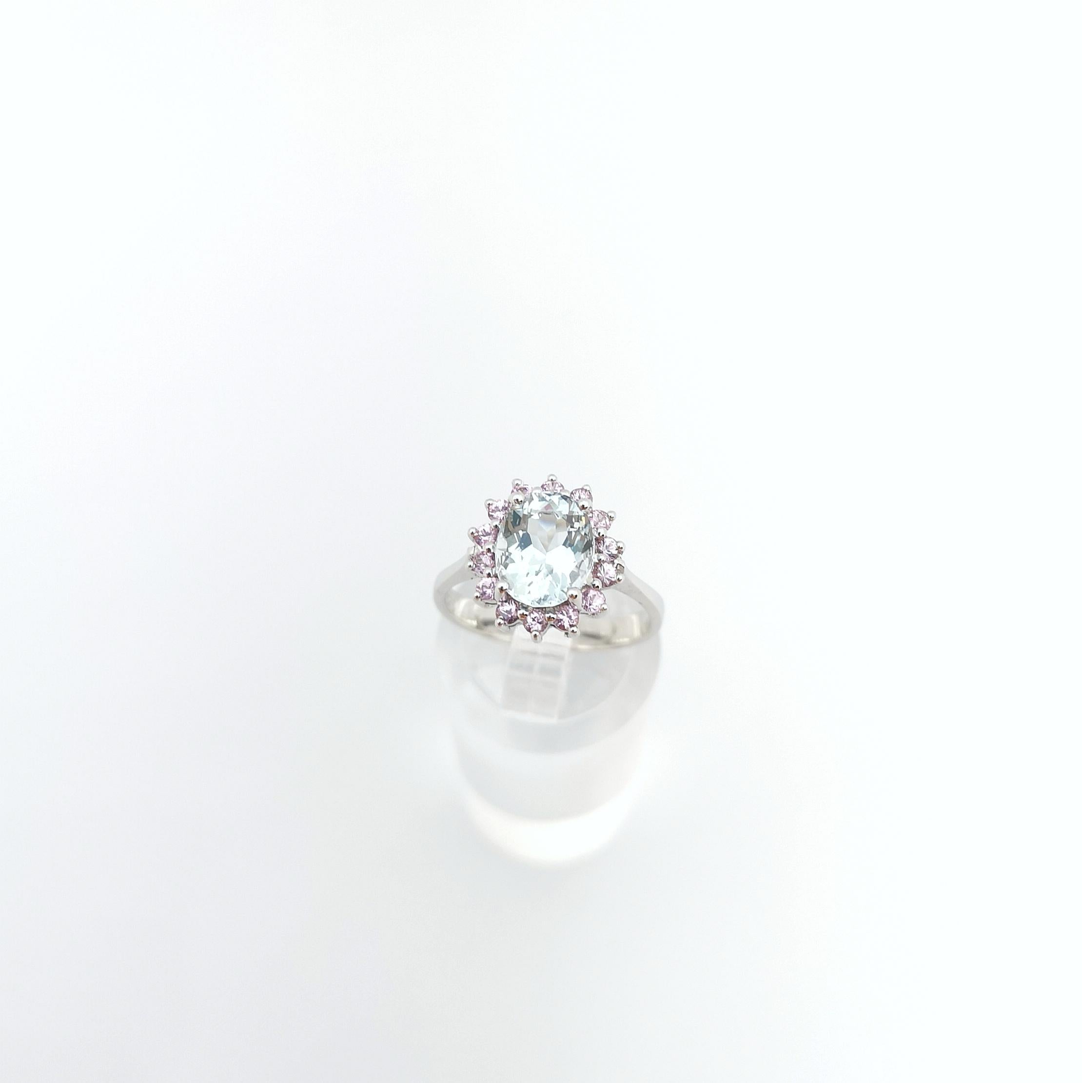 Aquamarine with Pink Sapphire Ring set in 14K White Gold Settings For Sale 5