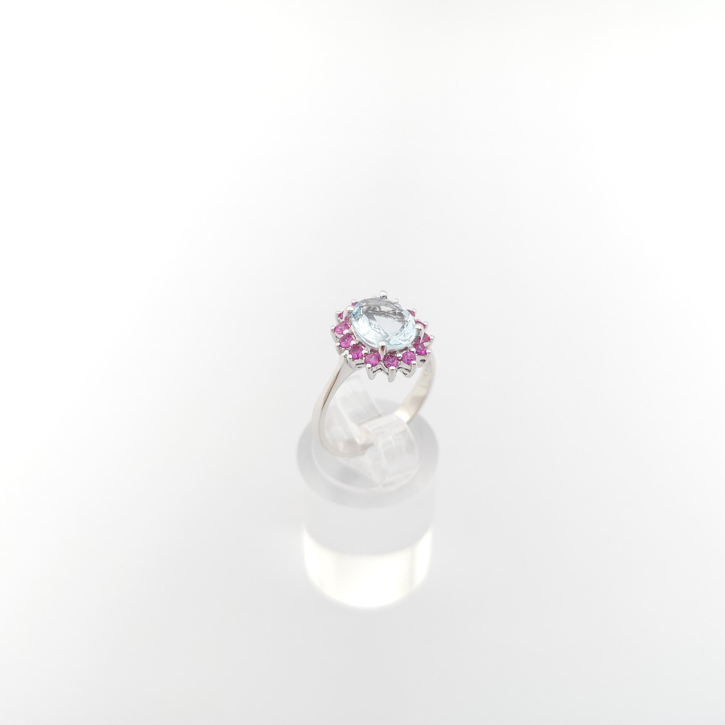 Aquamarine with Pink Sapphire Ring set in 14K White Gold Settings For Sale 6