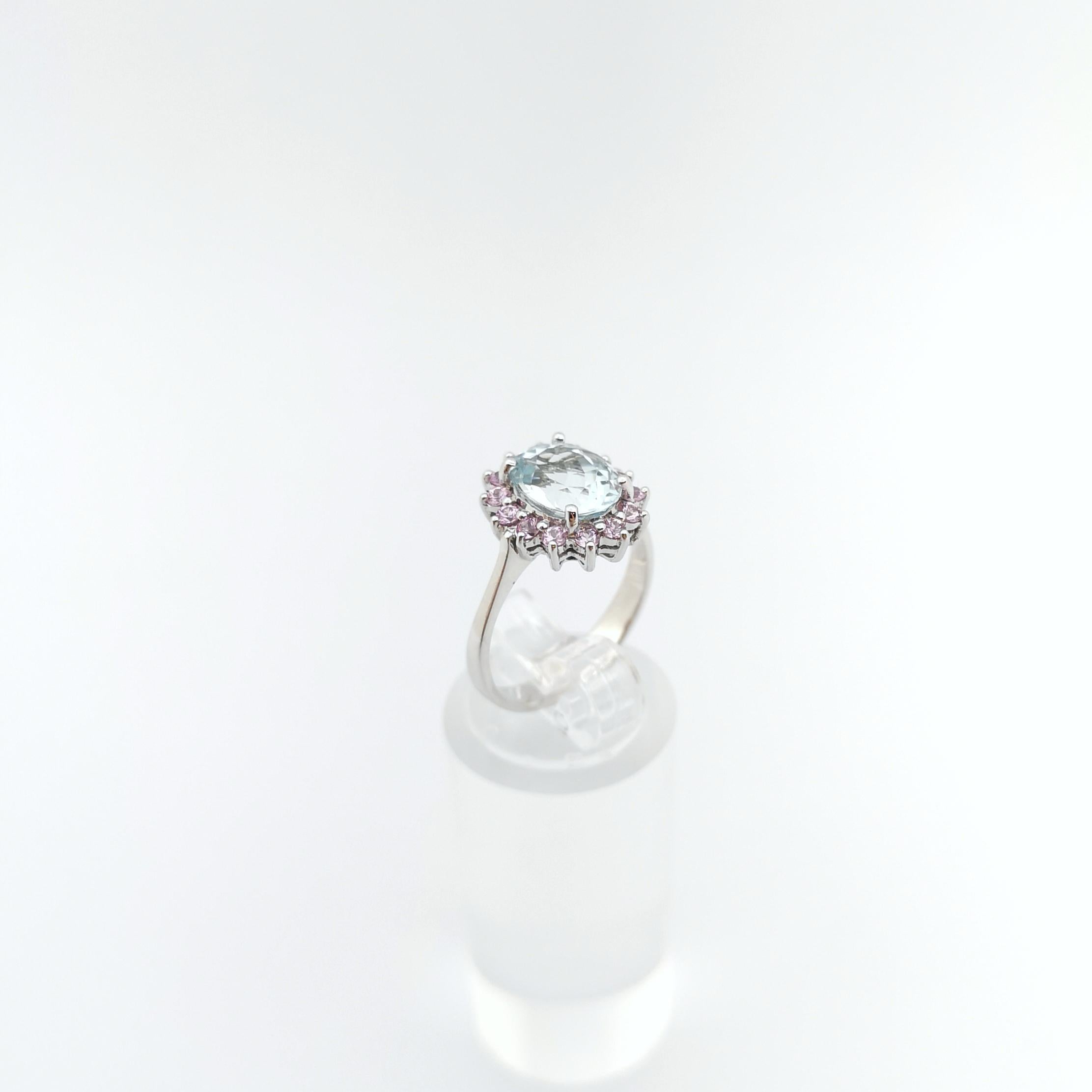 Aquamarine with Pink Sapphire Ring set in 14K White Gold Settings For Sale 7