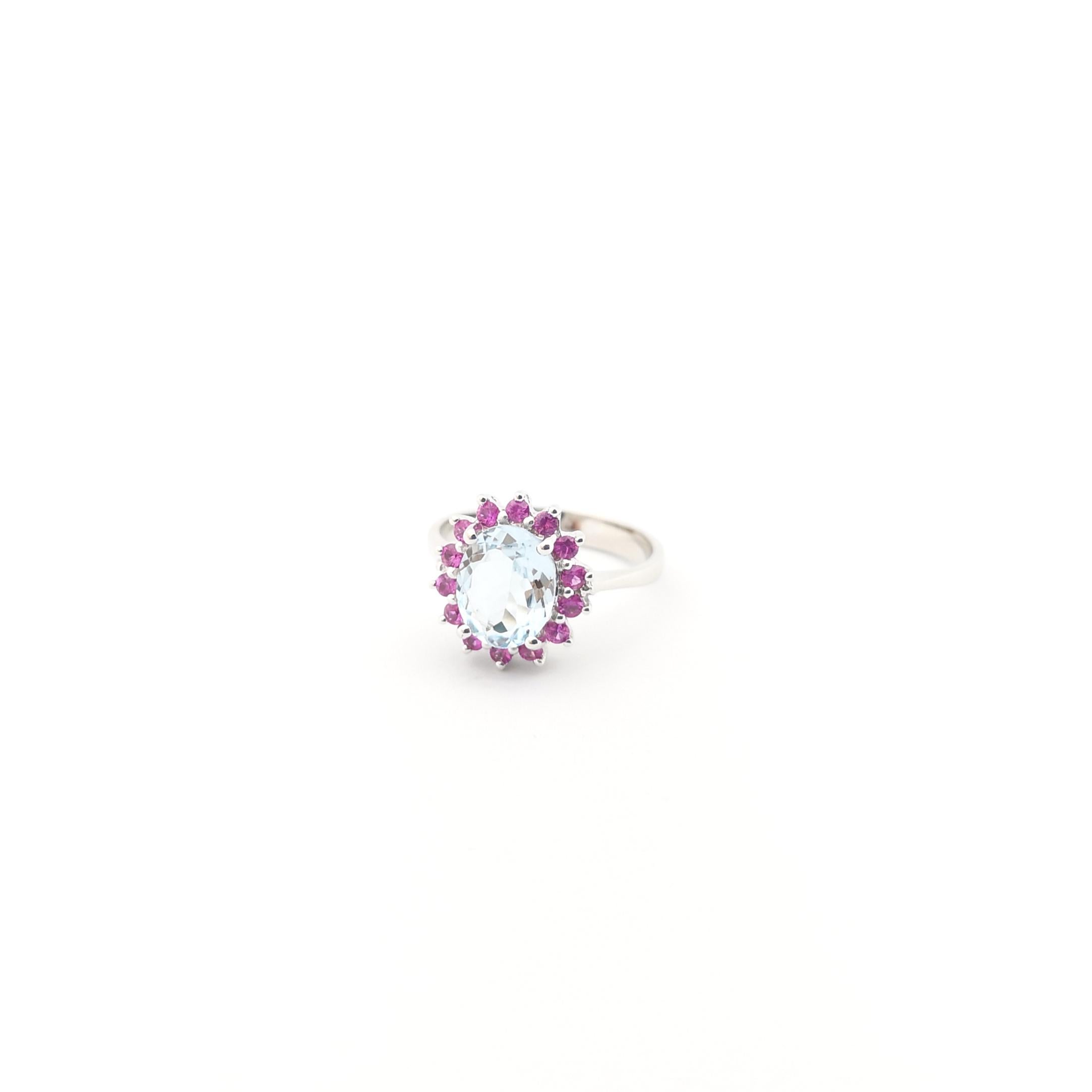 Aquamarine with Pink Sapphire Ring set in 14K White Gold Settings For Sale 8