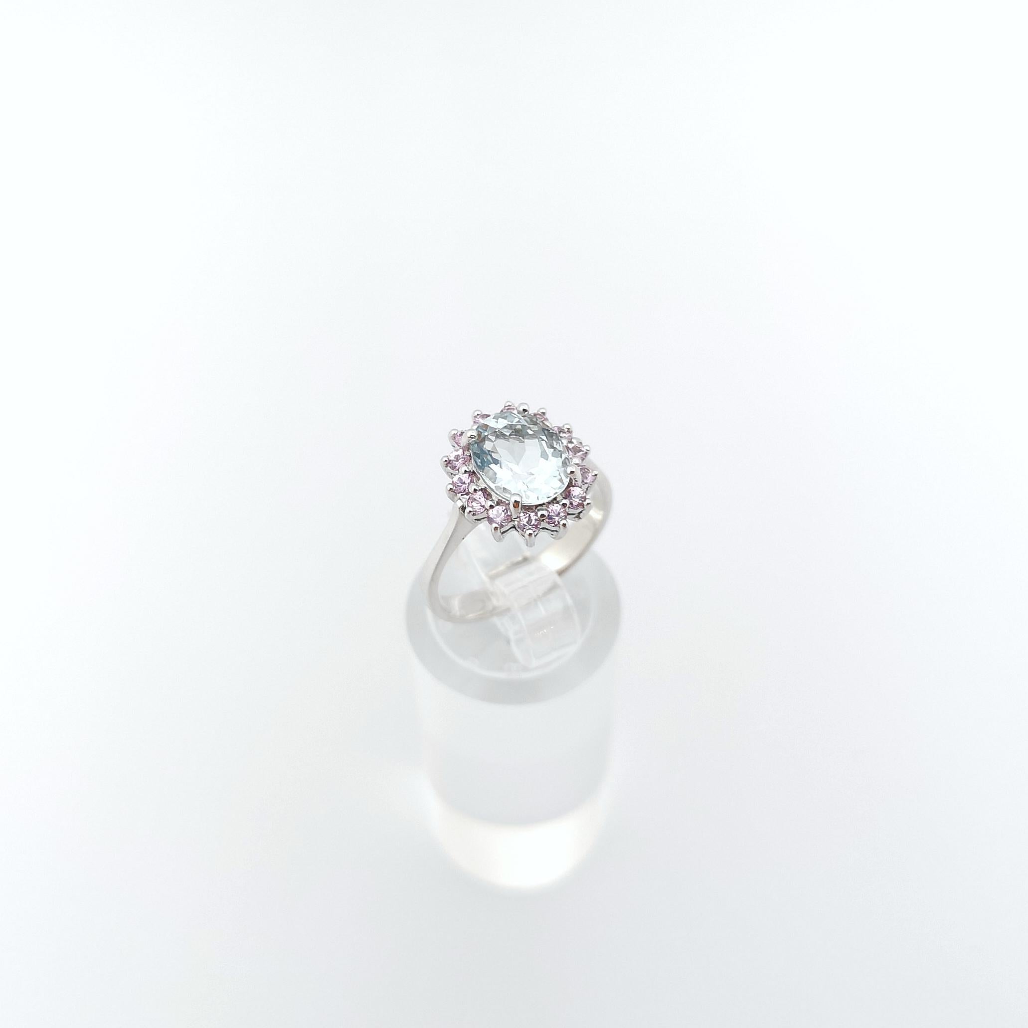 Aquamarine with Pink Sapphire Ring set in 14K White Gold Settings For Sale 8