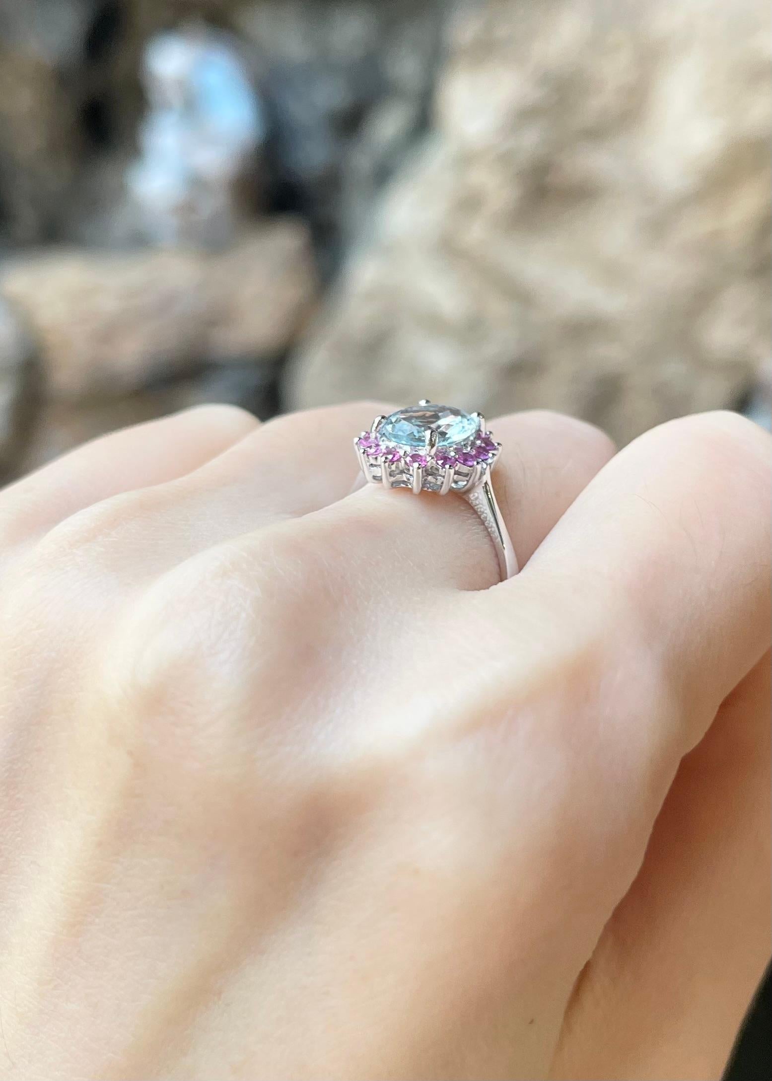 Women's Aquamarine with Pink Sapphire Ring set in 14K White Gold Settings For Sale