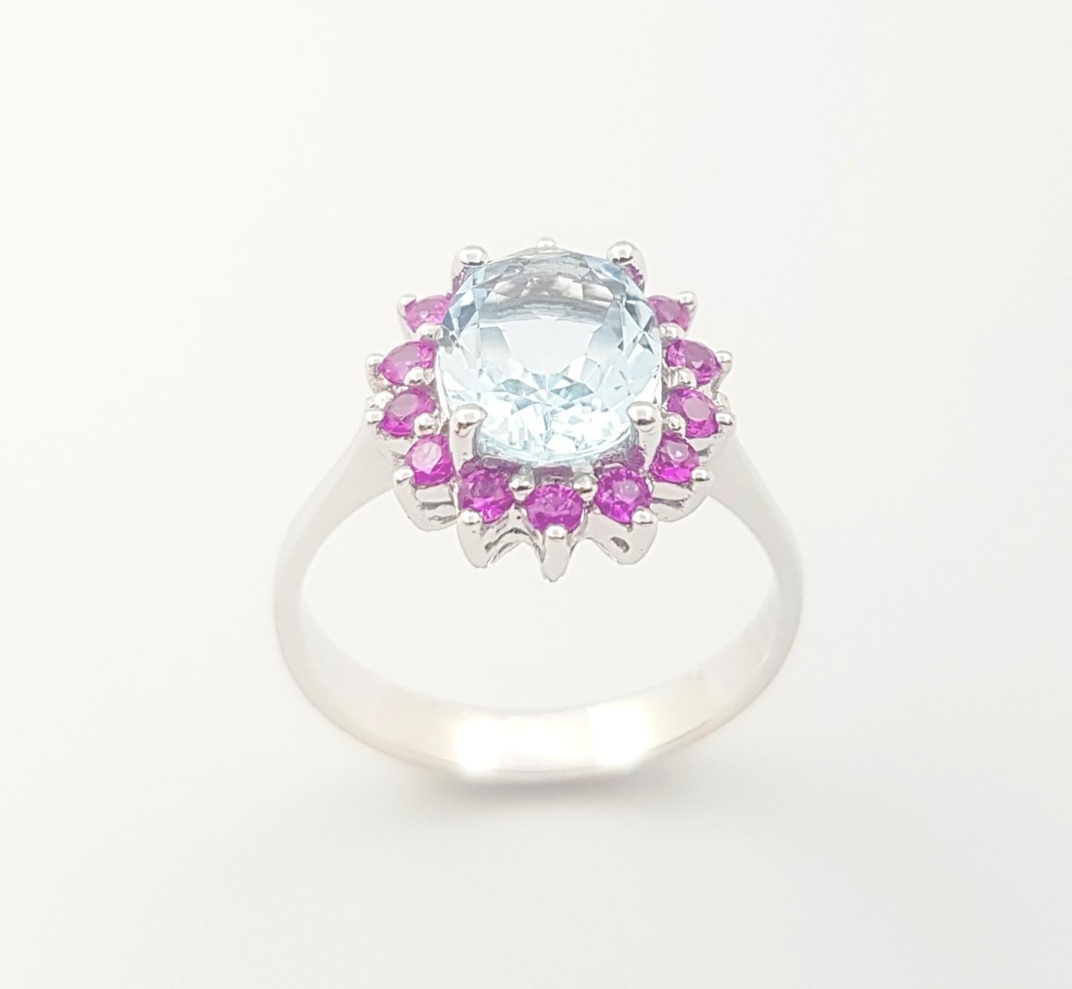 Aquamarine with Pink Sapphire Ring set in 14K White Gold Settings For Sale 2