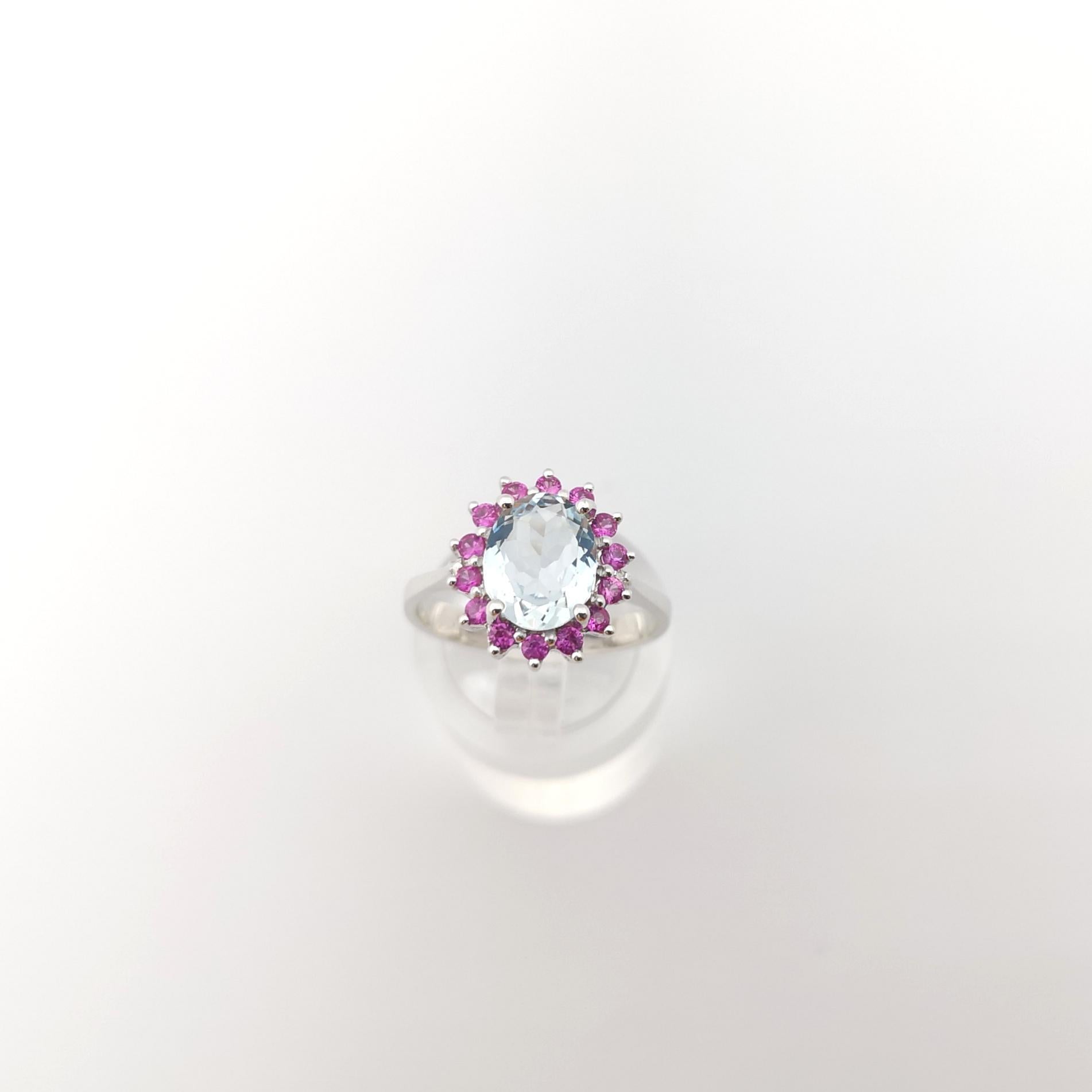 Aquamarine with Pink Sapphire Ring set in 14K White Gold Settings For Sale 3
