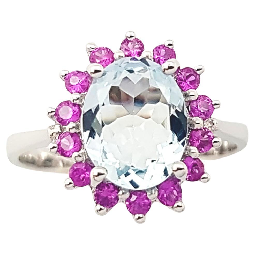 Aquamarine with Pink Sapphire Ring set in 14K White Gold Settings For Sale