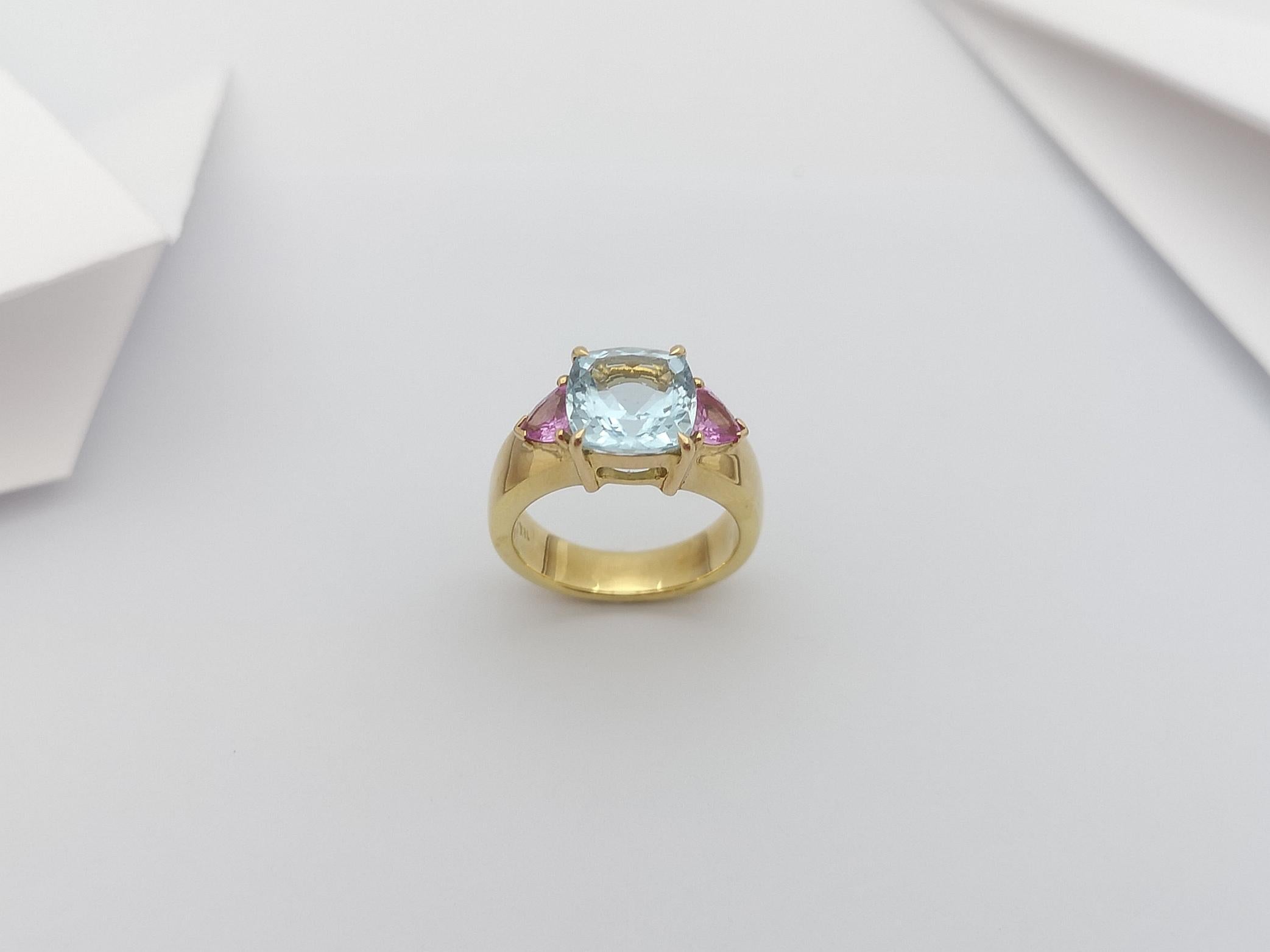 Aquamarine with Pink Sapphire Ring Set in 18 Karat Gold Settings For Sale 5