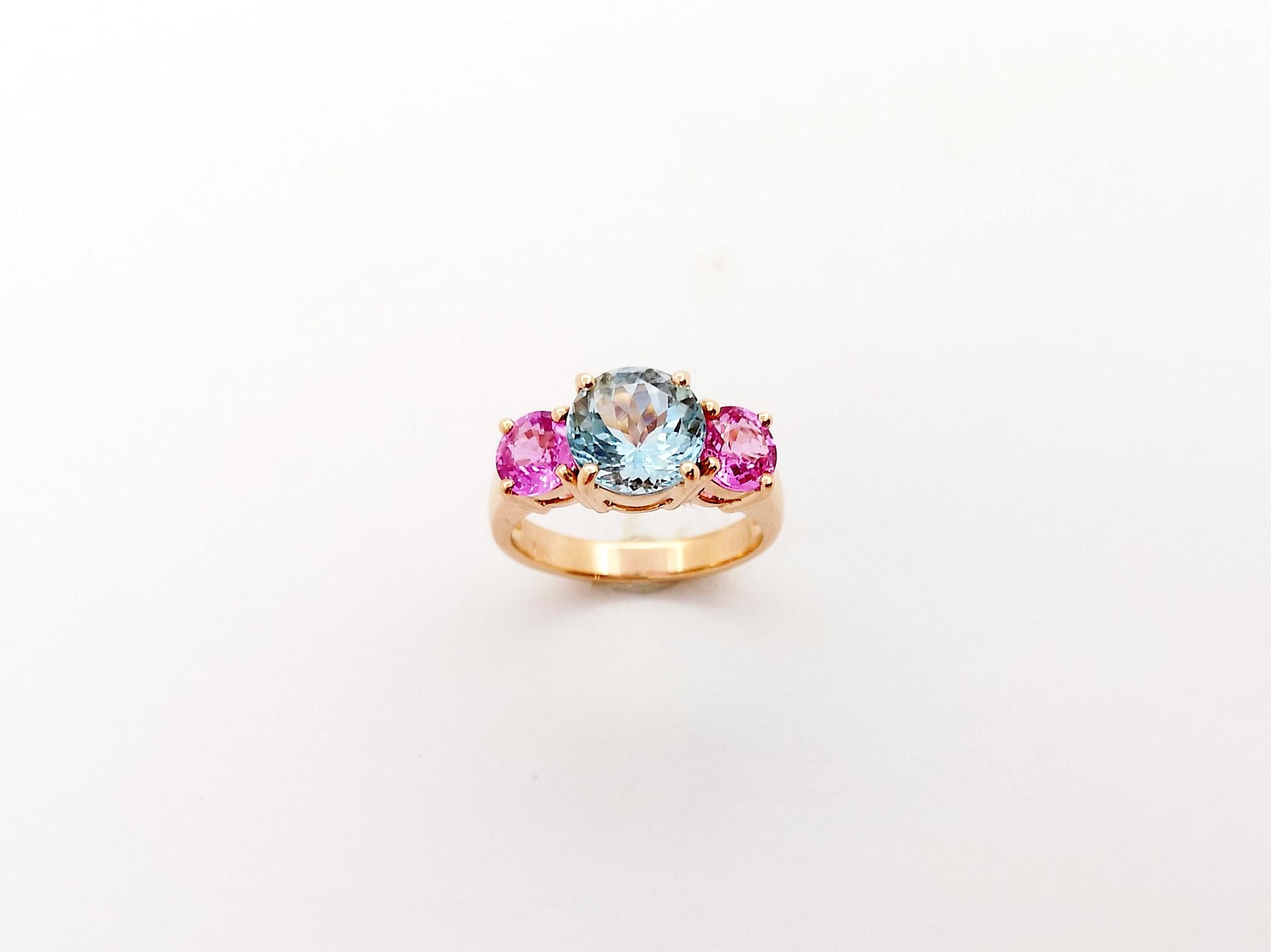 Aquamarine with Pink Sapphire Ring set in 18K Rose Gold Settings For Sale 5