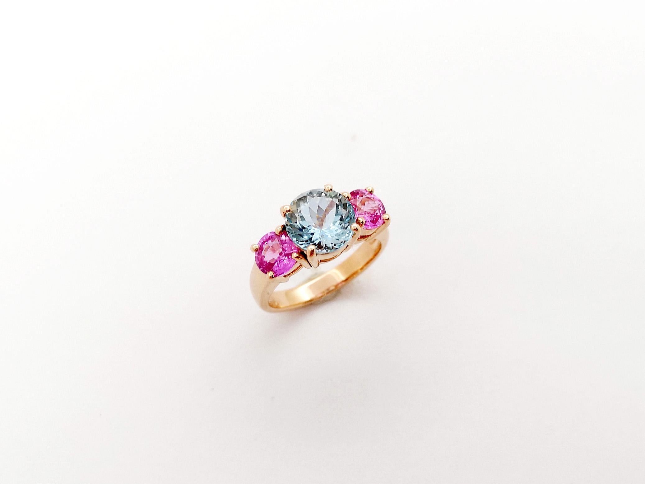 Aquamarine with Pink Sapphire Ring set in 18K Rose Gold Settings For Sale 6