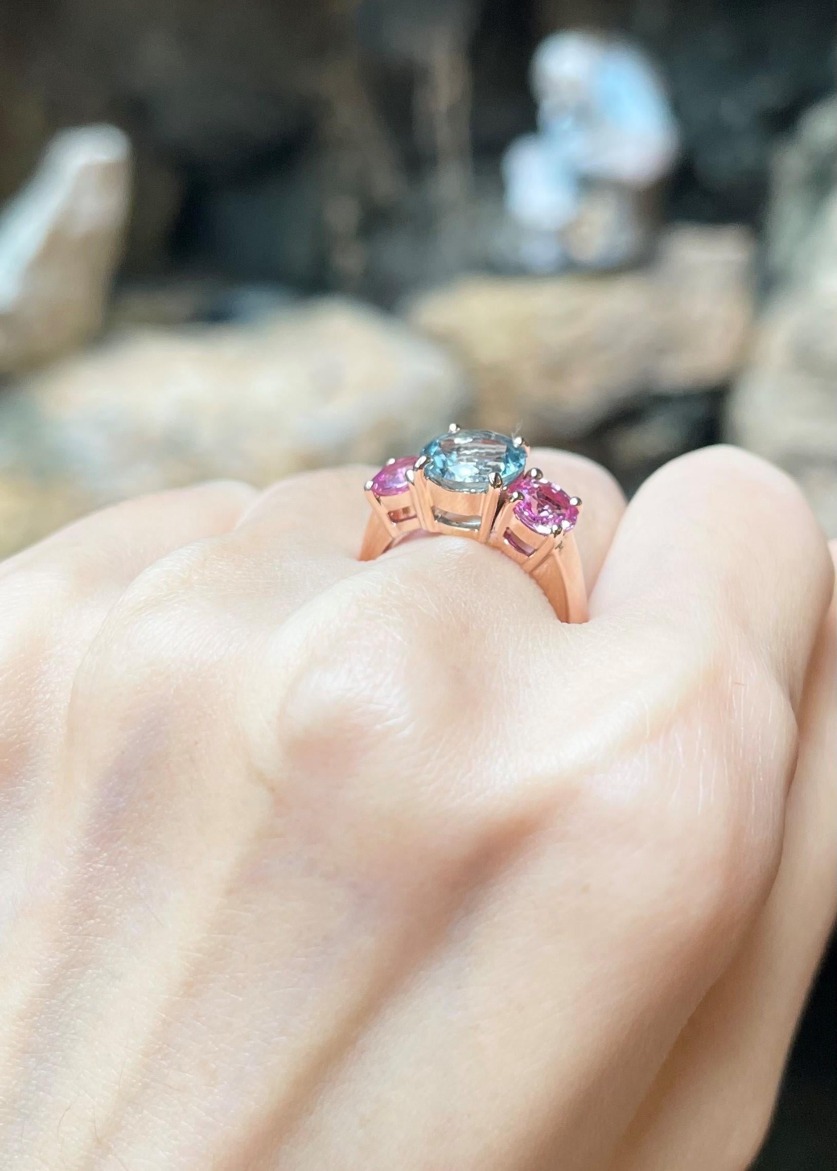 Aquamarine 2.35 carats with Pink Sapphire 1.82 carats Ring set in 18K Rose Gold Settings

Width:  1.8 cm 
Length: 0.8 cm
Ring Size: 54
Total Weight: 6.29 grams

