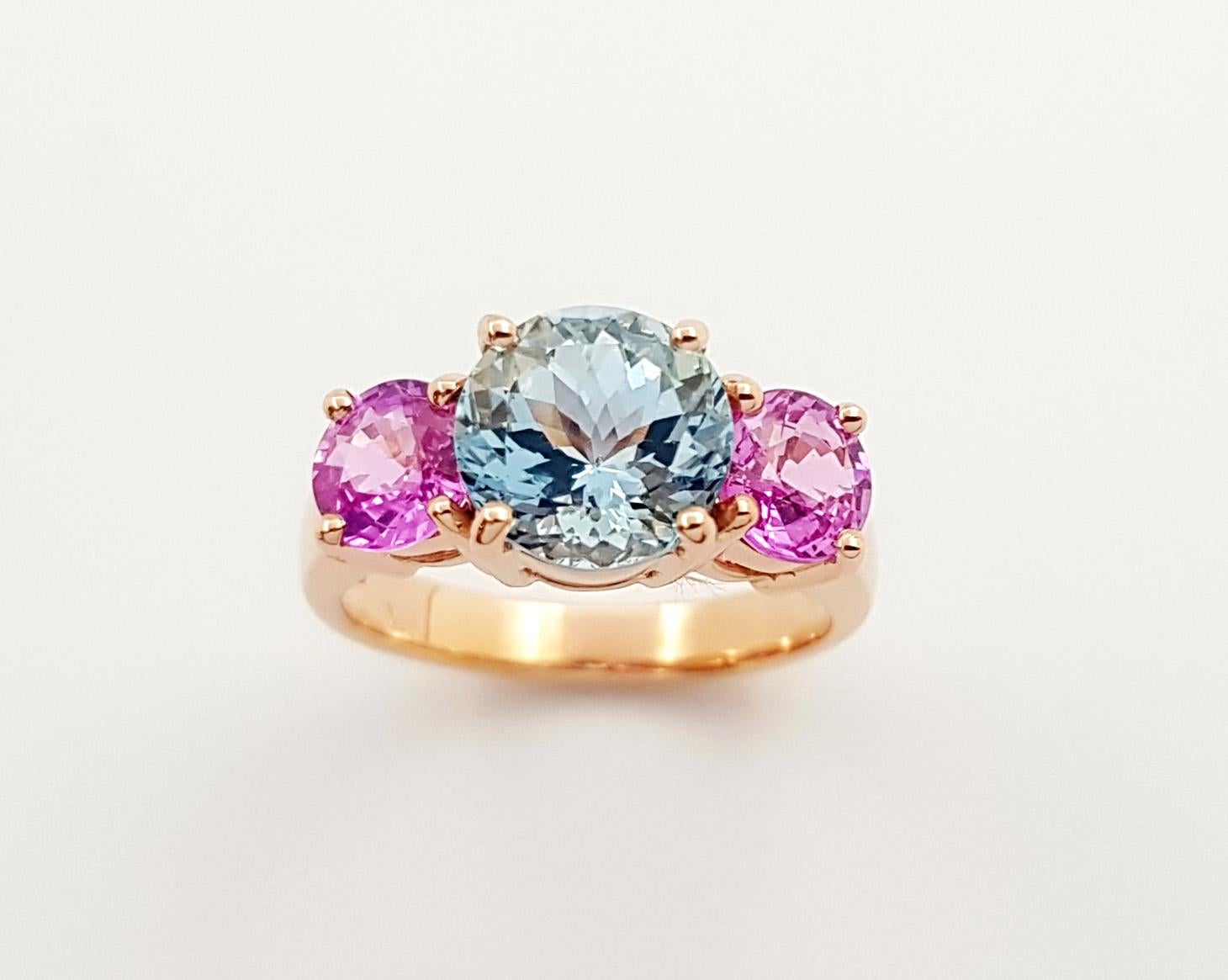 Aquamarine with Pink Sapphire Ring set in 18K Rose Gold Settings For Sale 1