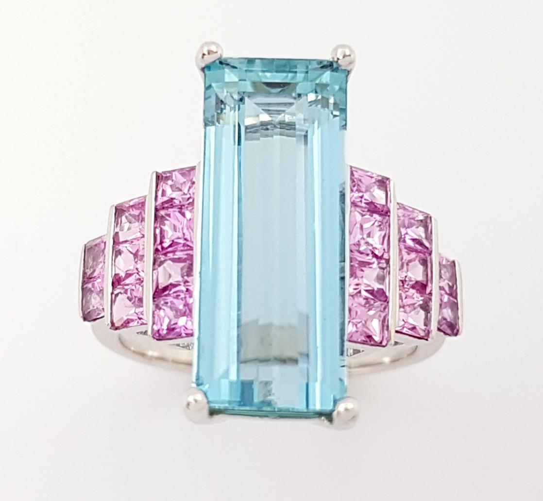 Aquamarine with Pink Sapphire Ring set in 18K White Gold Settings For Sale 4