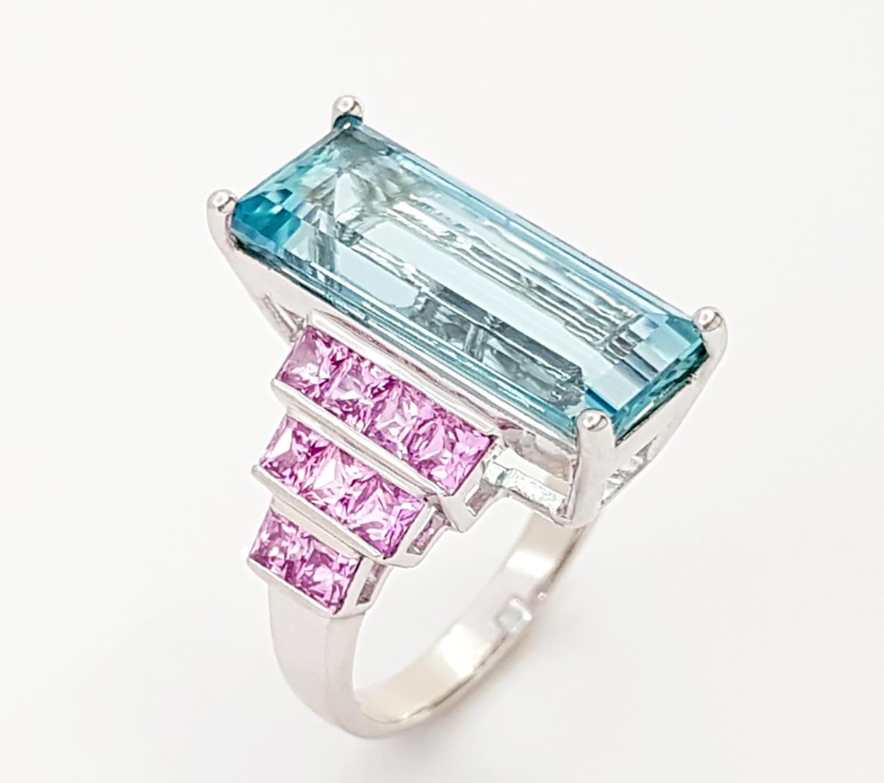 Aquamarine with Pink Sapphire Ring set in 18K White Gold Settings For Sale 6