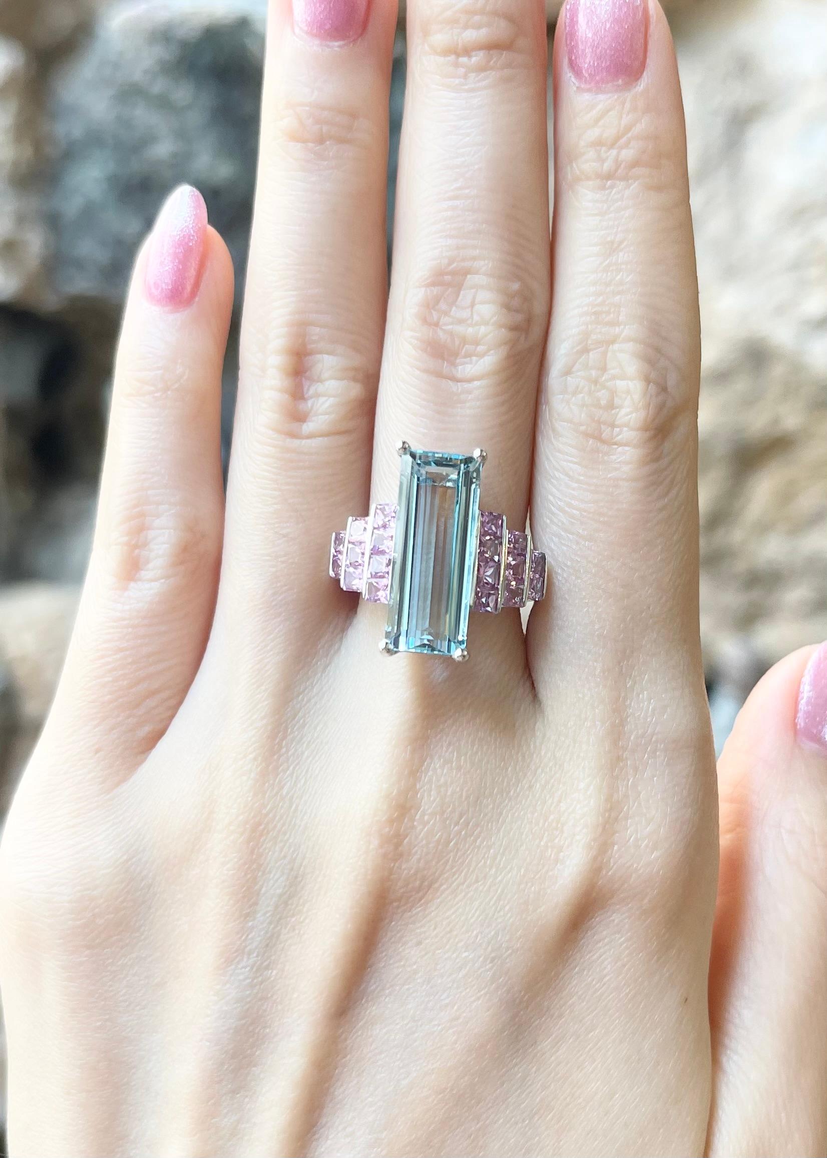 Aquamarine 7.53 carats with Pink Sapphire 2.50 carats Ring set in 18K White Gold Settings

Width:  2.1 cm 
Length: 1.9 cm
Ring Size: 56
Total Weight: 9.01 grams


