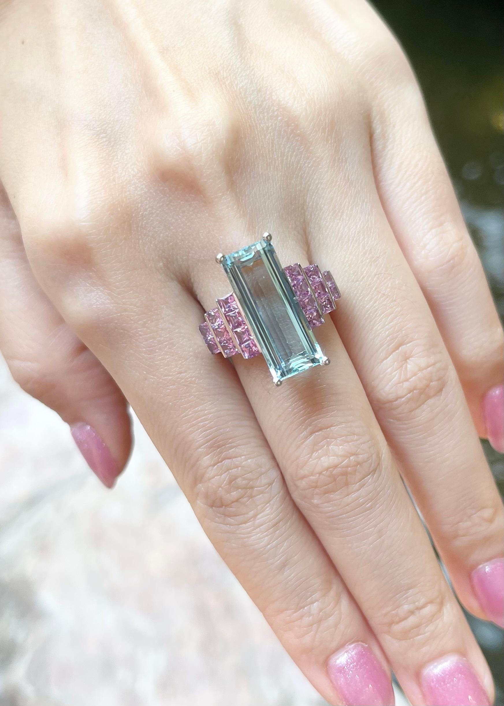 Emerald Cut Aquamarine with Pink Sapphire Ring set in 18K White Gold Settings For Sale
