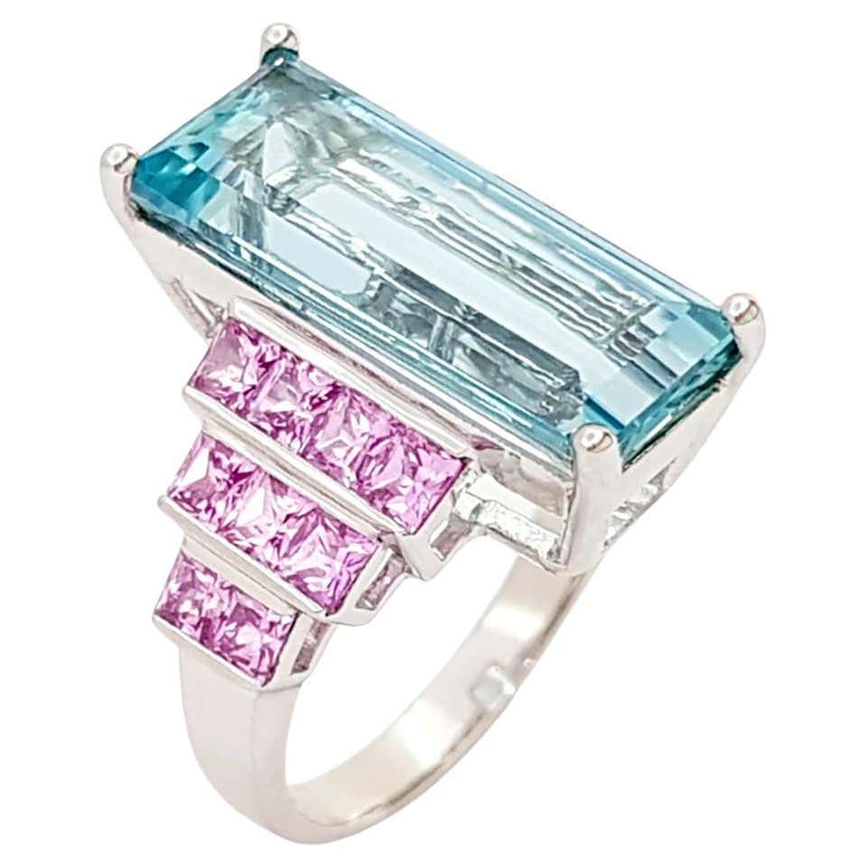 Modren Dinner Rings Set in 18K Gold, 4.33 carats Aquamarine, Pink Sapphires and Diamonds ...