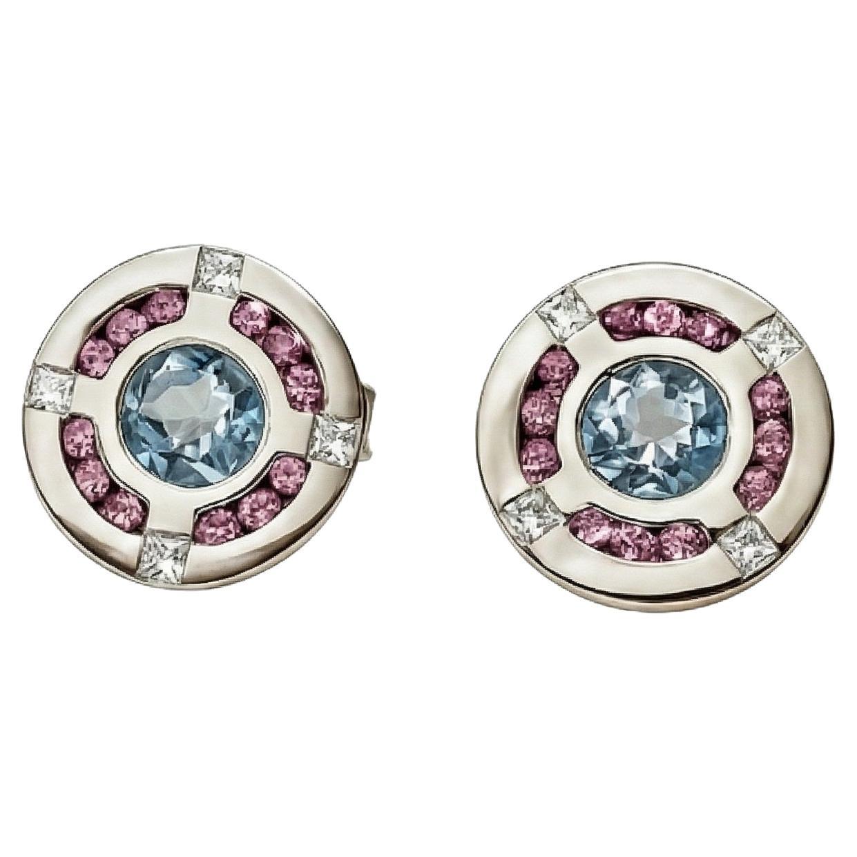 Orecchini in oro bianco con acquamarina, zaffiri rosa e diamanti in vendita