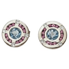 Aquamarine with Pink Sapphires and Diamonds in White Gold Earrings
