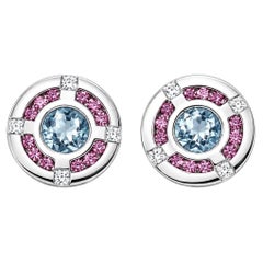 Aquamarine with Pink Sapphires in White Gold Stud Earrings by Alexander Leyser