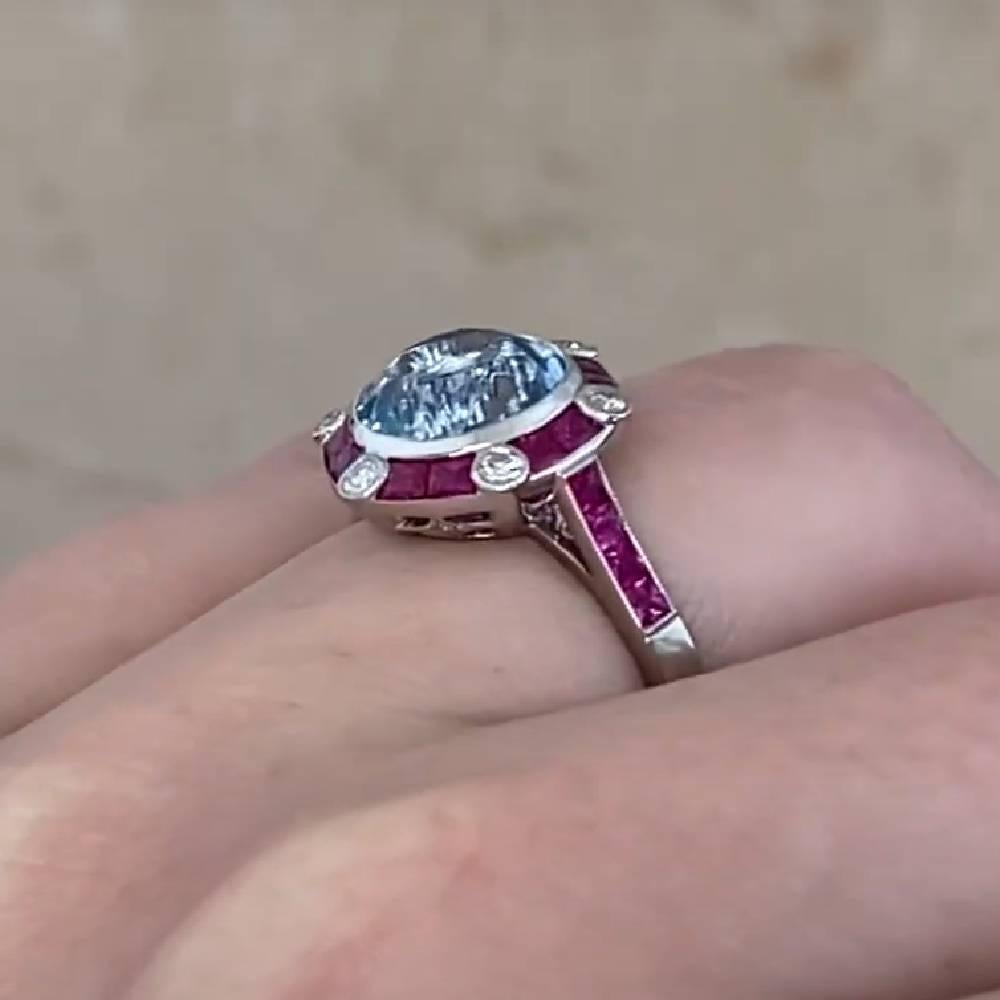 French Cut Aquamarine with Ruby Halo Ring (Approx. 2.60-Carats), Platinum For Sale