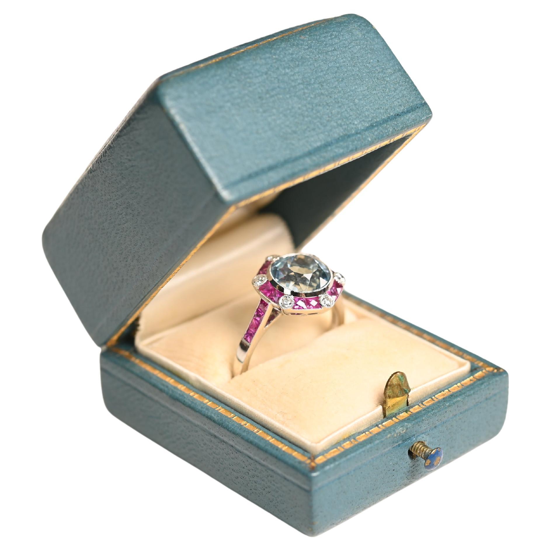 Aquamarine with Ruby Halo Ring (Approx. 2.60-Carats), Platinum
