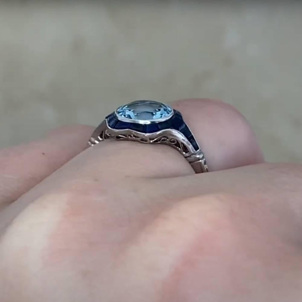 Round Cut Aquamarine with Sapphire Halo Ring (Approx. 1.3-Carats), Platinum For Sale