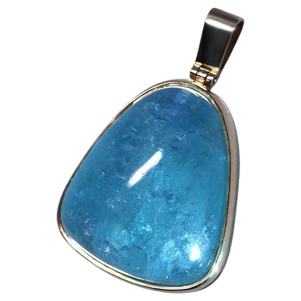 Aquamarine Yellow Gold Pendant Cabochon Gemstone Blue Green Minimalism Unisex