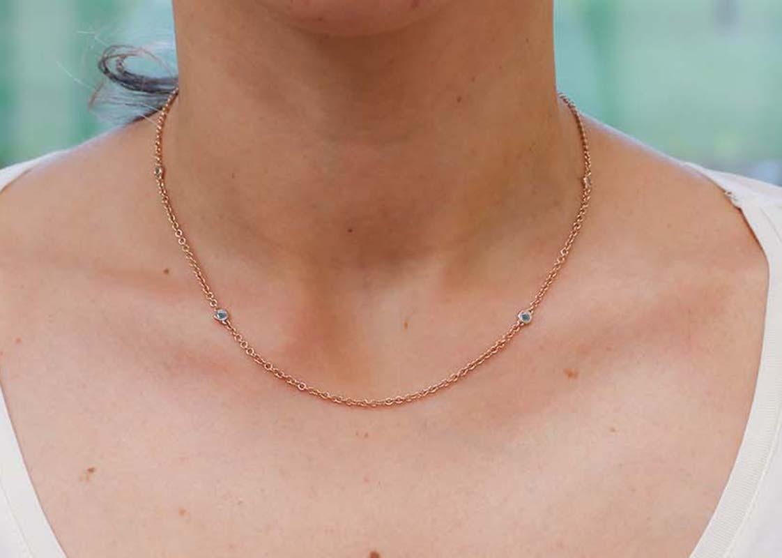 Round Cut Aquamarine, 18 Karat Rose Gold Moden Necklace For Sale