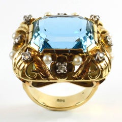 Yellow Gold Aquamarine Pearl and Diamond Retro Ring