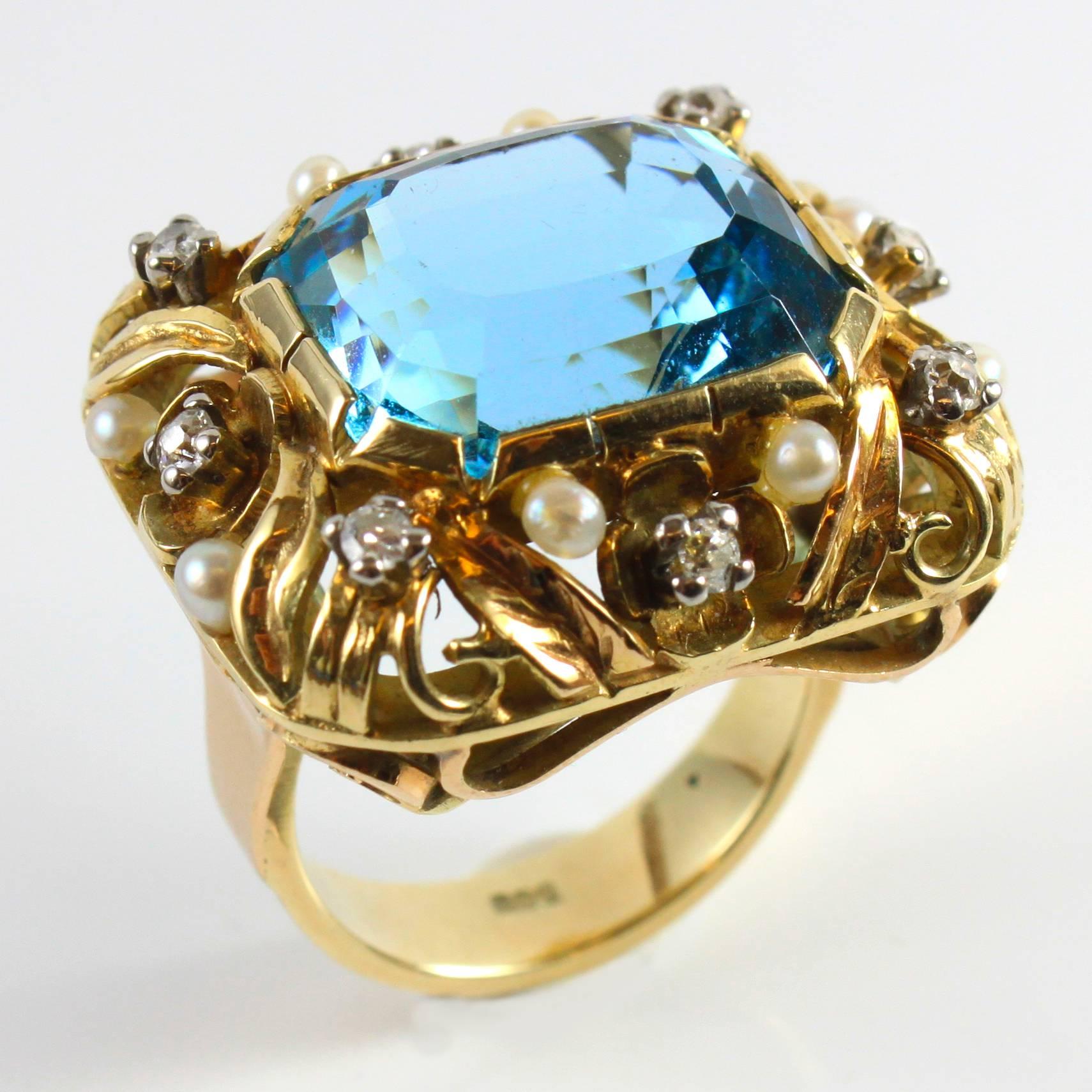 Emerald Cut Yellow Gold Aquamarine Pearl and Diamond Retro Ring For Sale