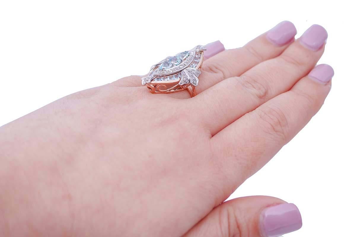 Ring aus 14 Karat Roségold mit Aquamarin, Diamanten und Silber im Zustand „Gut“ im Angebot in Marcianise, Marcianise (CE)