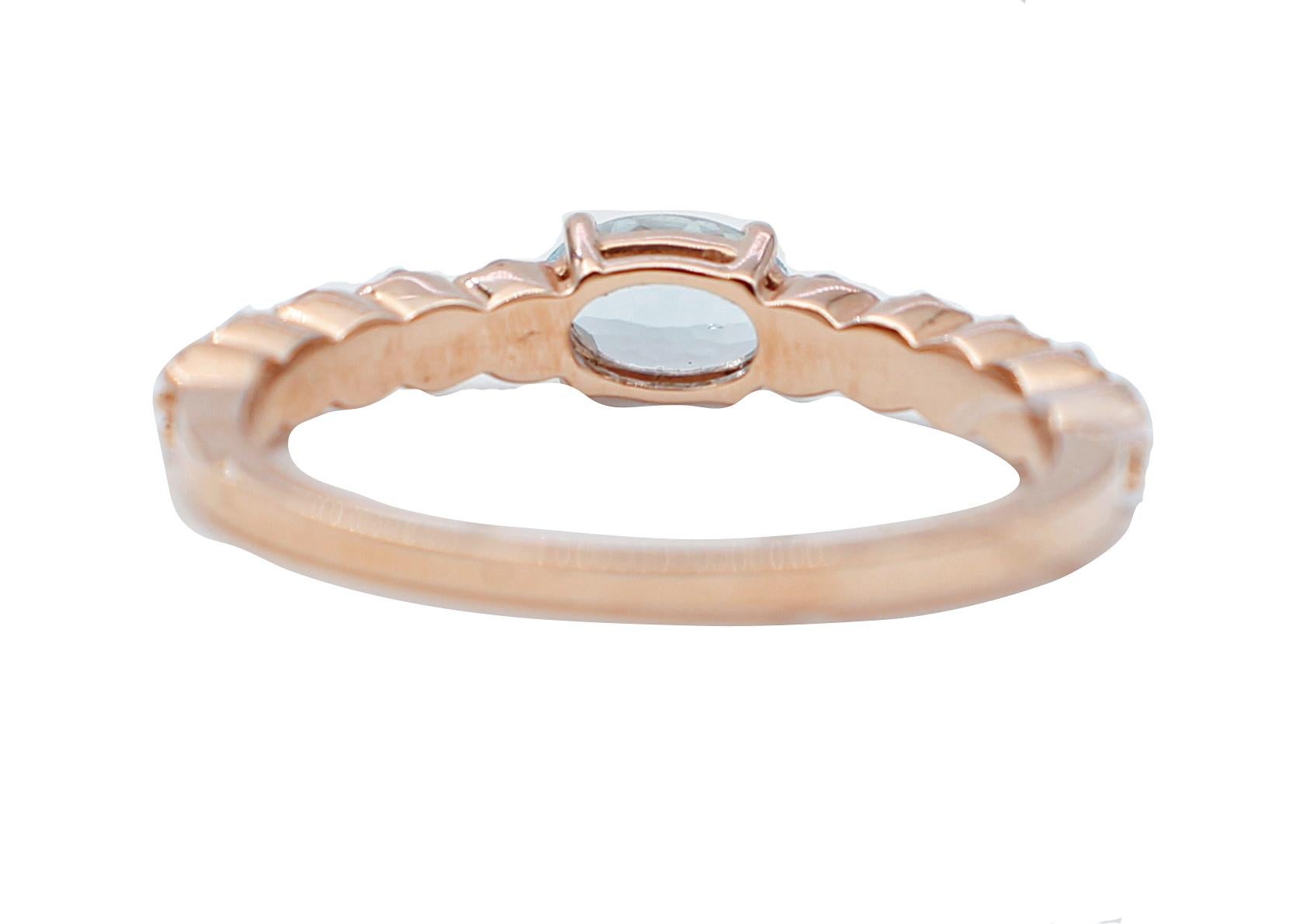 Mixed Cut Aquamarine, Diamonds, 18 Karat Rose Gold Modern Ring