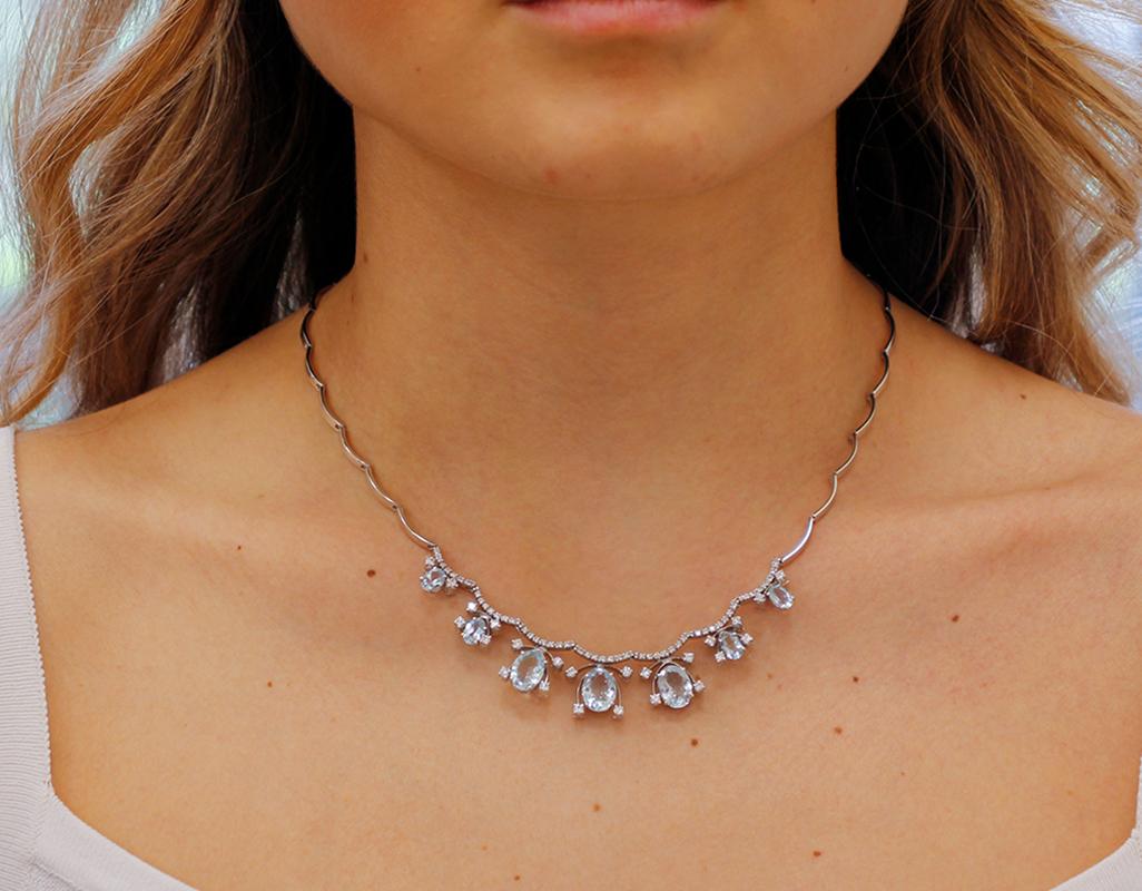 Women's Aquamarine, Diamonds, 18 Karat White Gold Modern Necklace