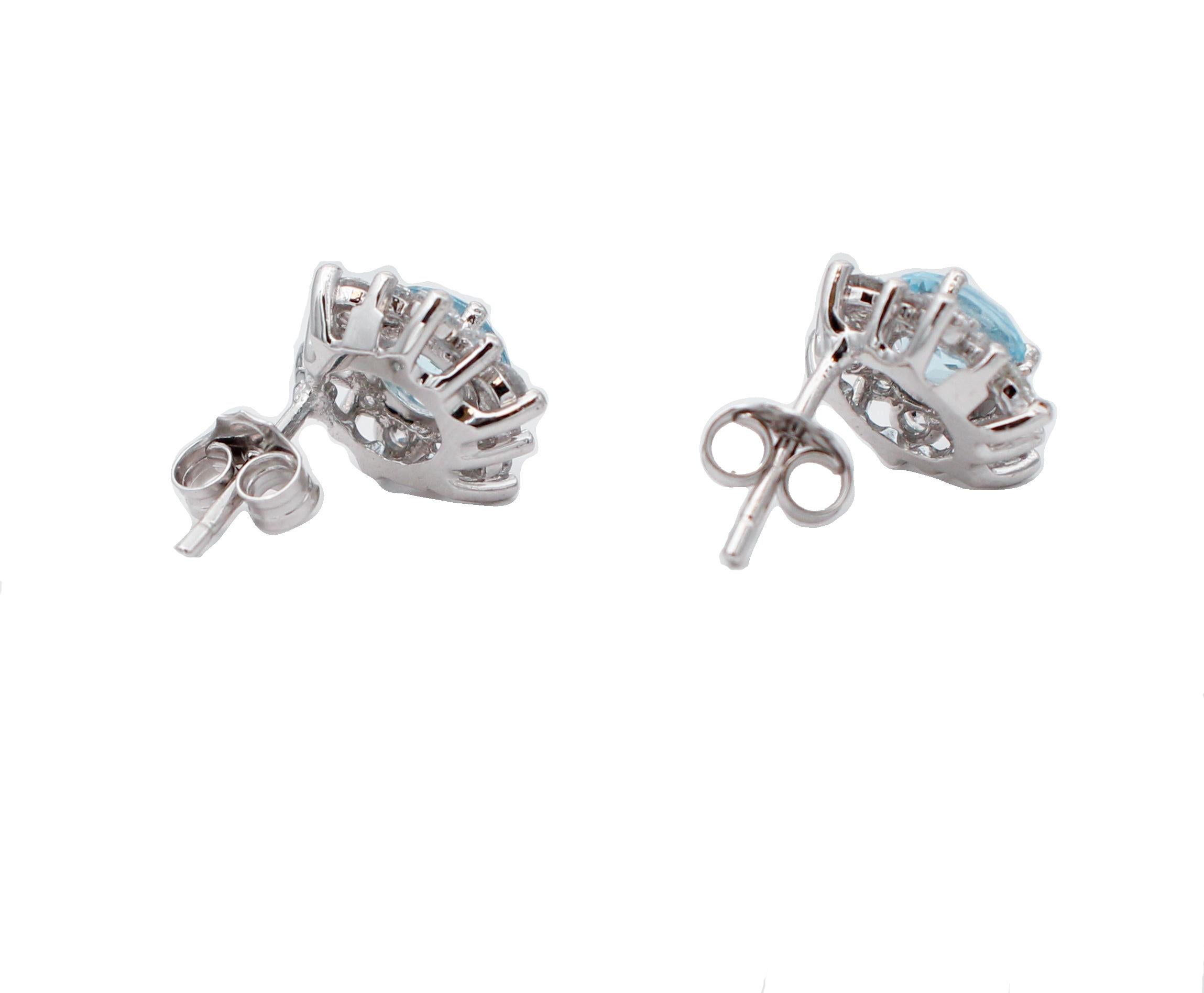 Mixed Cut Aquamarine, Diamonds, 18 Karat White Gold Stud Earrings